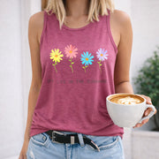 Colorful Flowers and Sunshine Text Crew-neck Sleeveless Women's Color Cotton Tank Top in Red