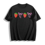 Strawberry Bow Embroidered Cotton T-Shirt in Black