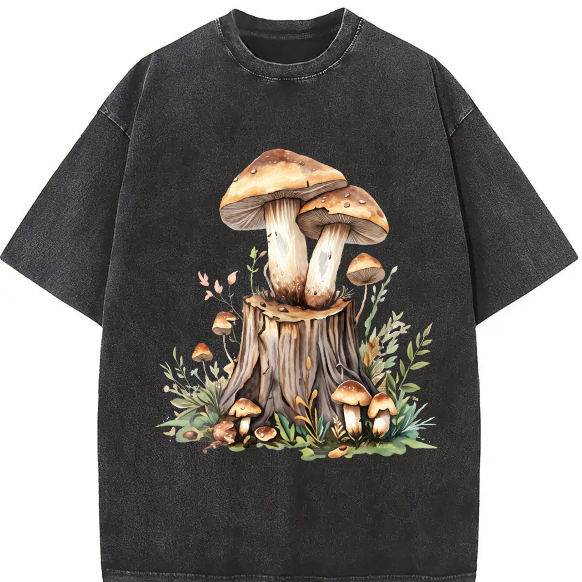 Mushroom on the Tree Stump Vintage Washed T-Shirt in Black