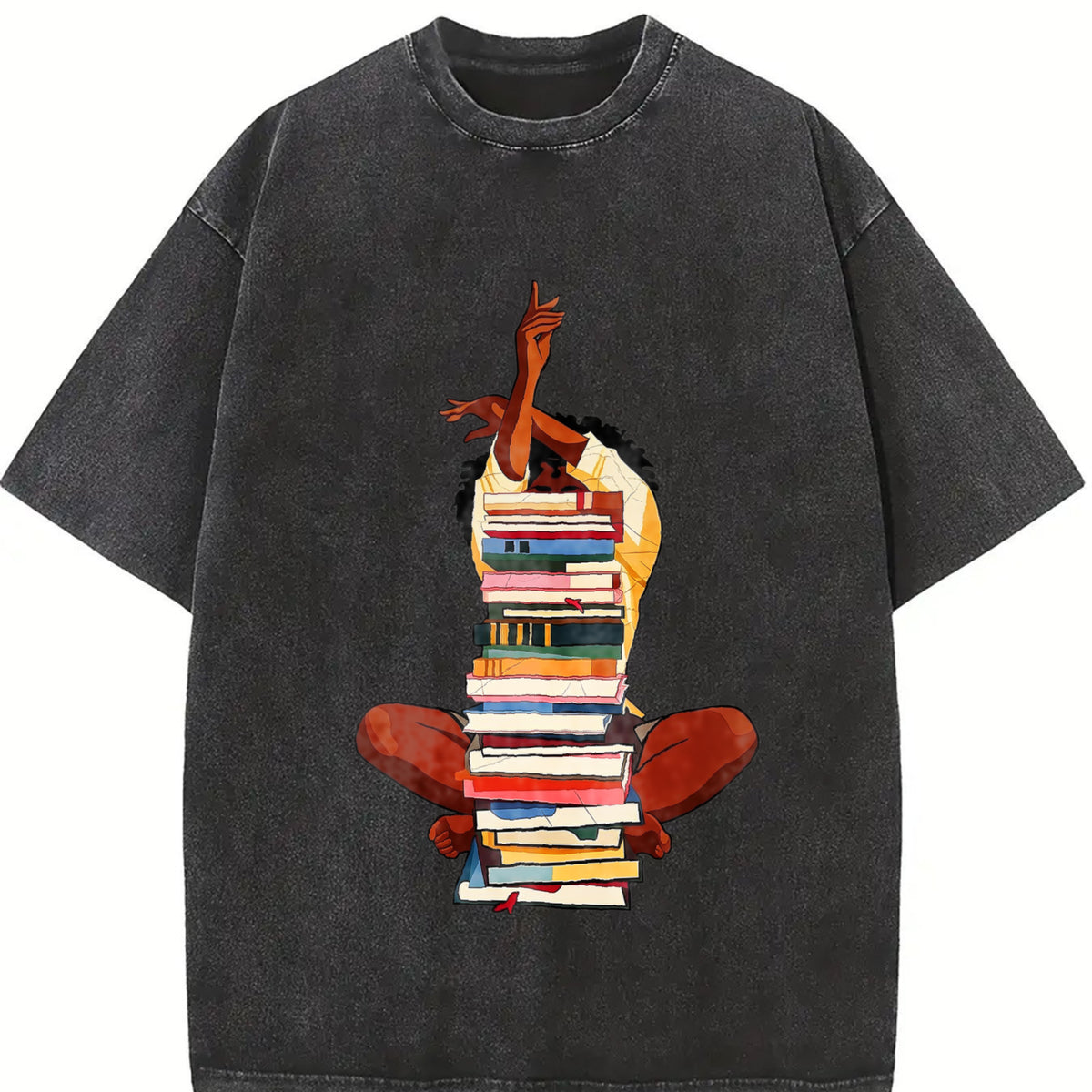 Premium Black Woman and Books Stack Afro Girl Book Lover Vintage Washed T-Shirt in Black