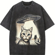 Cat Ufo Selfie 90s Vintage Washed T-Shirt in Black
