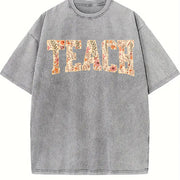 Spring Teacher Floral Teach Vintage Washed T-Shirt in Gray