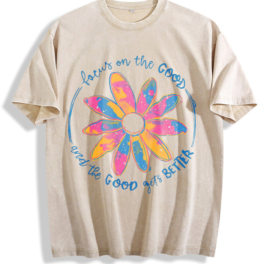 Focus on the Good Colorful Daisy vintage washed oversized T-shirt in Beige