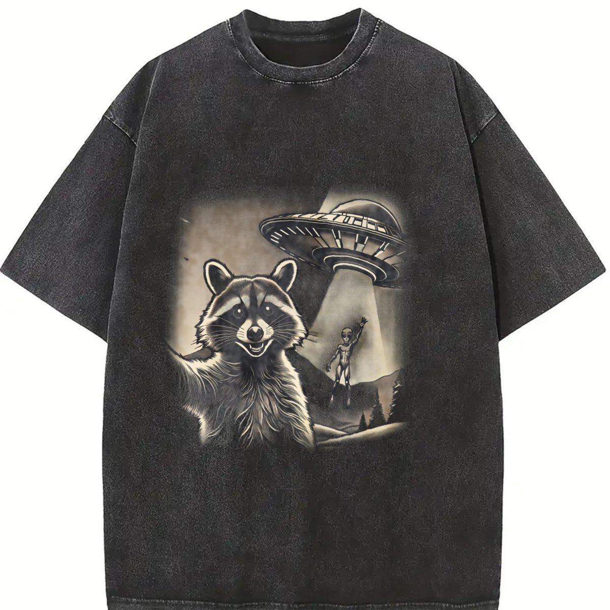 Raccoon Ufo Selfie 90s Vintage Washed T-Shirt in Black