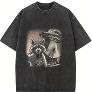Raccoon Ufo Selfie 90s Vintage Washed T-Shirt in Black