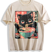 Ramen Cat Vintage Washed T-Shirt in Beige