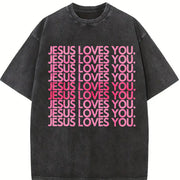 Jesus Loves You Pink Retro Christian Faith Minimalist Vintage Washed T-Shirt in Black