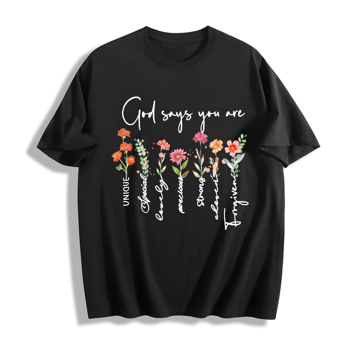 A Plant Floral Letter Faith Cotton T-Shirt in Black