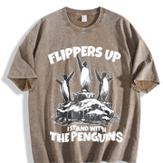 Flippers Up I Stand with the Penguins Vintage Washed T-Shirt in Brown