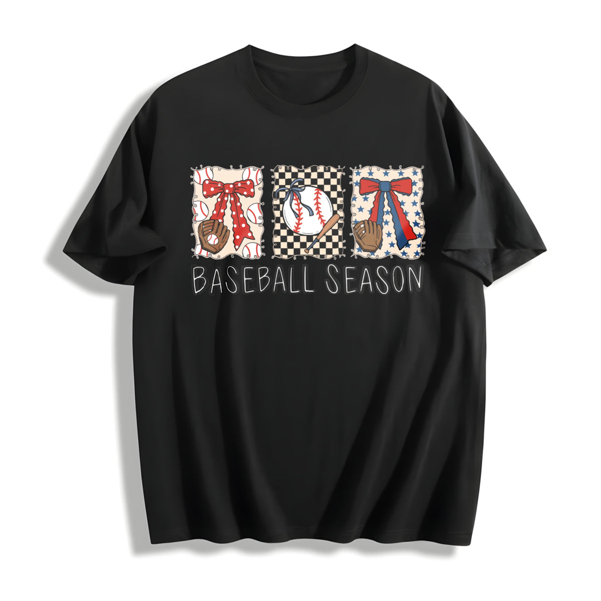 Preppy Baseball Coquette Brushstroke Game Day Baseball Cotton T-Shirt in Black