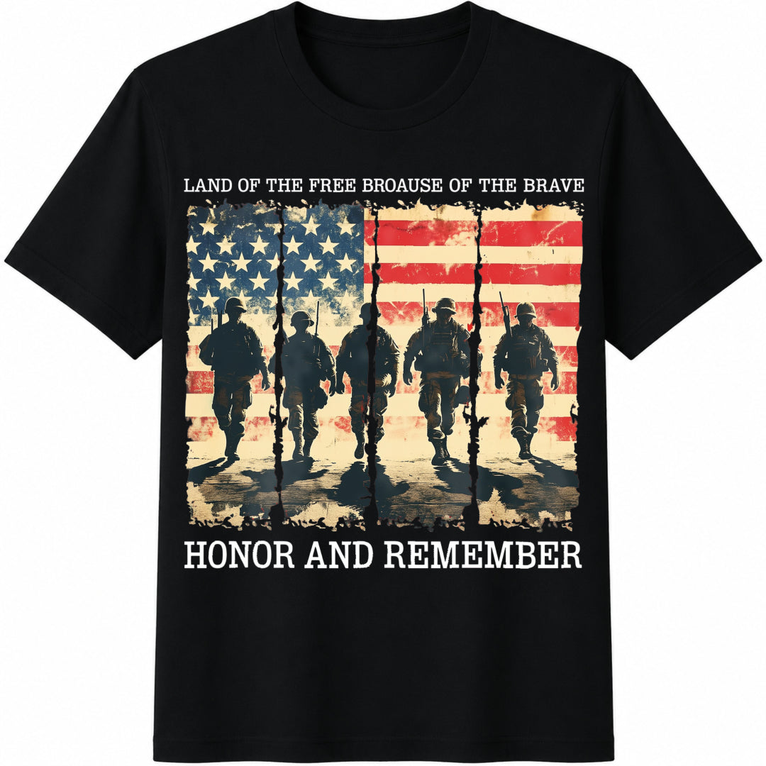 Land of the Free Because of the Brave Honor and Remember Cotton T-Shirt in Black