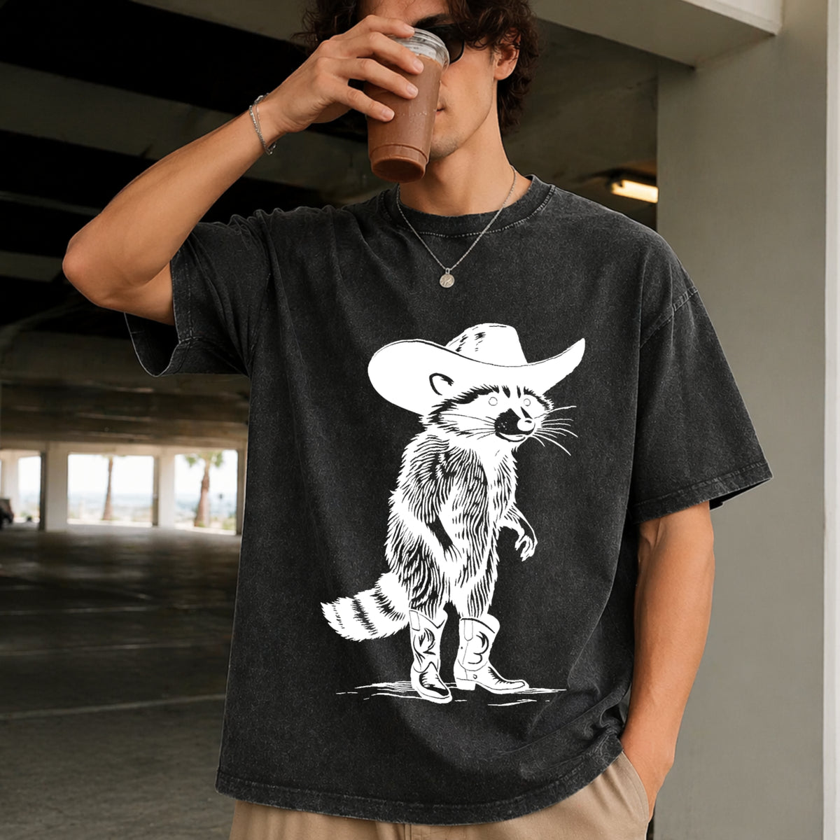 Raccoon Cowboy Western Cowgirl Vintage Washed T-Shirt in Black