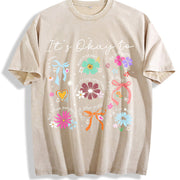 It's Okay to Boho Floral Vintage Washed T-Shirt in Beige
