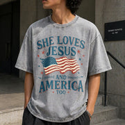 She Loves Jesus and America Too Vintage Washed T-Shirt in Gray