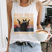 Pew Cat Sunset Crew-neck Sleeveless Vest Outdoor Women's Color Cotton Tank Top in White