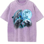 Three Dolphin Retro Dolphin Moon Vintage Washed T-Shirt in Purple