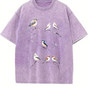 Winter Birds Retro 90s Tattoo Vintage Washed T-Shirt in Purple