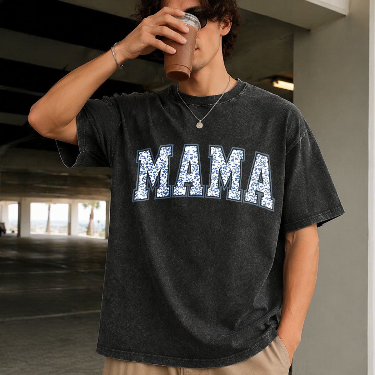Mama with Toile Floral Vintage Washed T-Shirt in Black