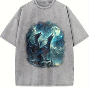 Two Dragon Retro Dragon Fantasy Moon Vintage Washed T-Shirt in Gray