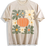 Retro Pumpkin Fall Floral Pumpkin Vintage Washed T-Shirt in Beige