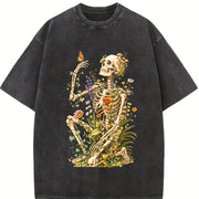 Botanical Skeleton Vintage Washed T-Shirt in Black