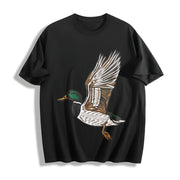 Embroidered Duck Animal Lover Cotton T-Shirt in Black