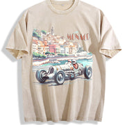 Monaco 1937 Racer Race Car Retro Vintage Washed T-Shirt in Beige