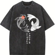 Japanese Koi Fish Yin Yang Sleeveless Tank Vintage Washed T-Shirt in Black