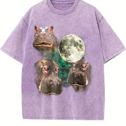Three Hippo Retro Silly Hippo Moon Vintage Washed T-Shirt in Purple