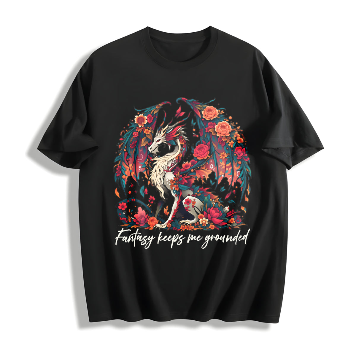Dragon in a Bouquet of Flowers Cotton T-Shirt in Black