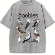Boobies 90s Bird Retro Y2K Birdwatching Vintage Washed T-Shirt in Gray