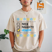 Nice Naughty Jewish Hanukkah Vintage Washed T-Shirt in Beige