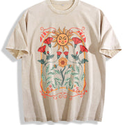Boho Floral Art Nouveau Vintage Washed T-Shirt in Beige