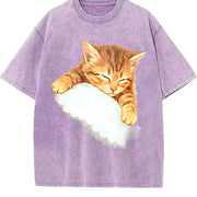 Sleeping Kitten Cat Lover Vintage Washed T-Shirt in Purple