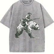 Retro Lumberjack Cowboy Riding a Bear 90s Vintage Washed T-Shirt in Gray