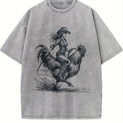 Retro Cowgirl Riding Chicken 90s Vintage Washed T-Shirt in Gray