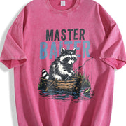 Retro Master Baiter Raccoon Fishing Vintage Washed T-Shirt in Red