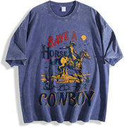 Save a Horse Ride a Cowboy 90s Western Retro Cowboy Rodeo vintage washed oversized T-shirt in Blue