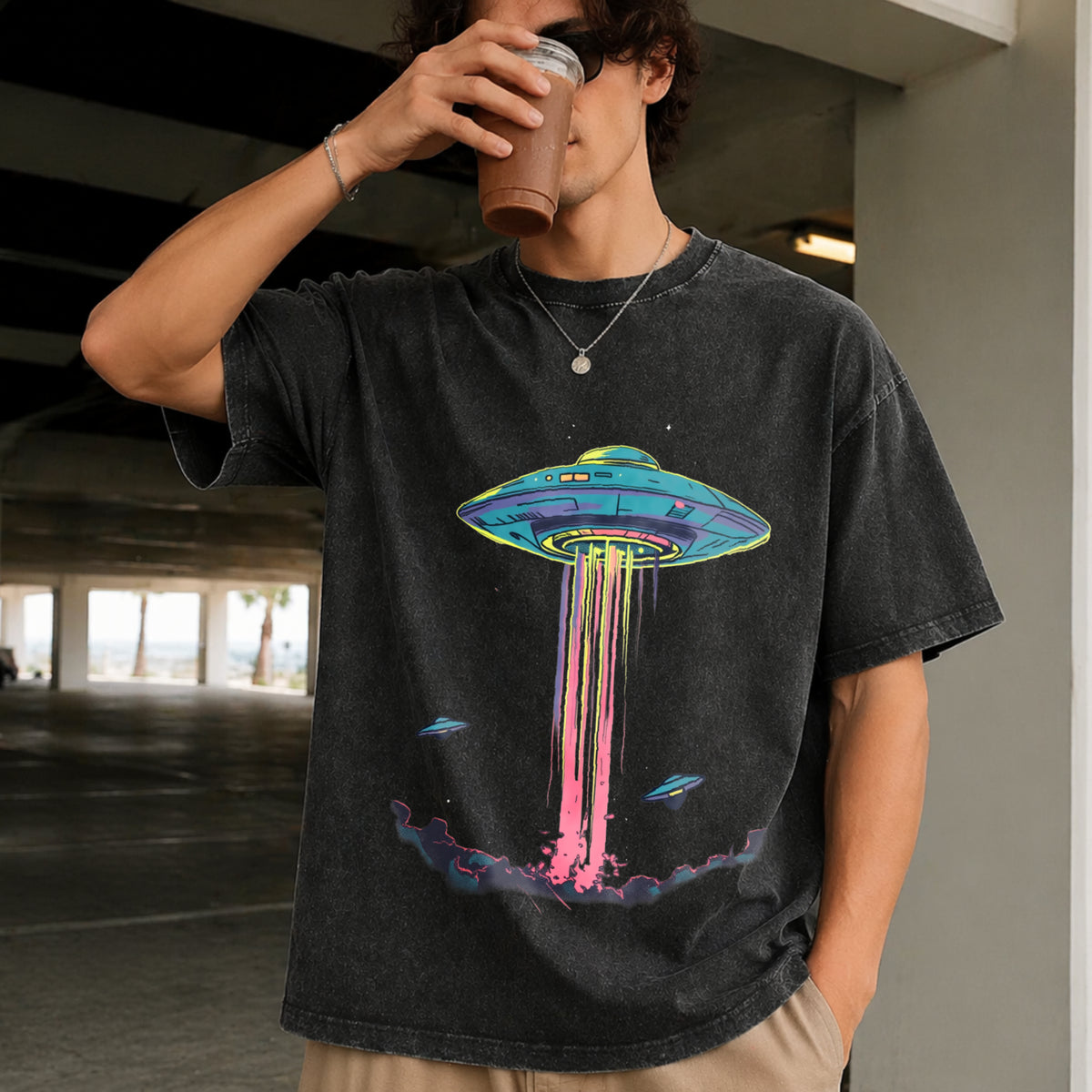 Retro Alien Abduction Vintage Washed T-Shirt in Black