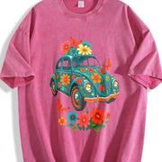 Turquoise Floral Breathable Blouse for Daily and Party vintage washed oversized T-shirt in Red