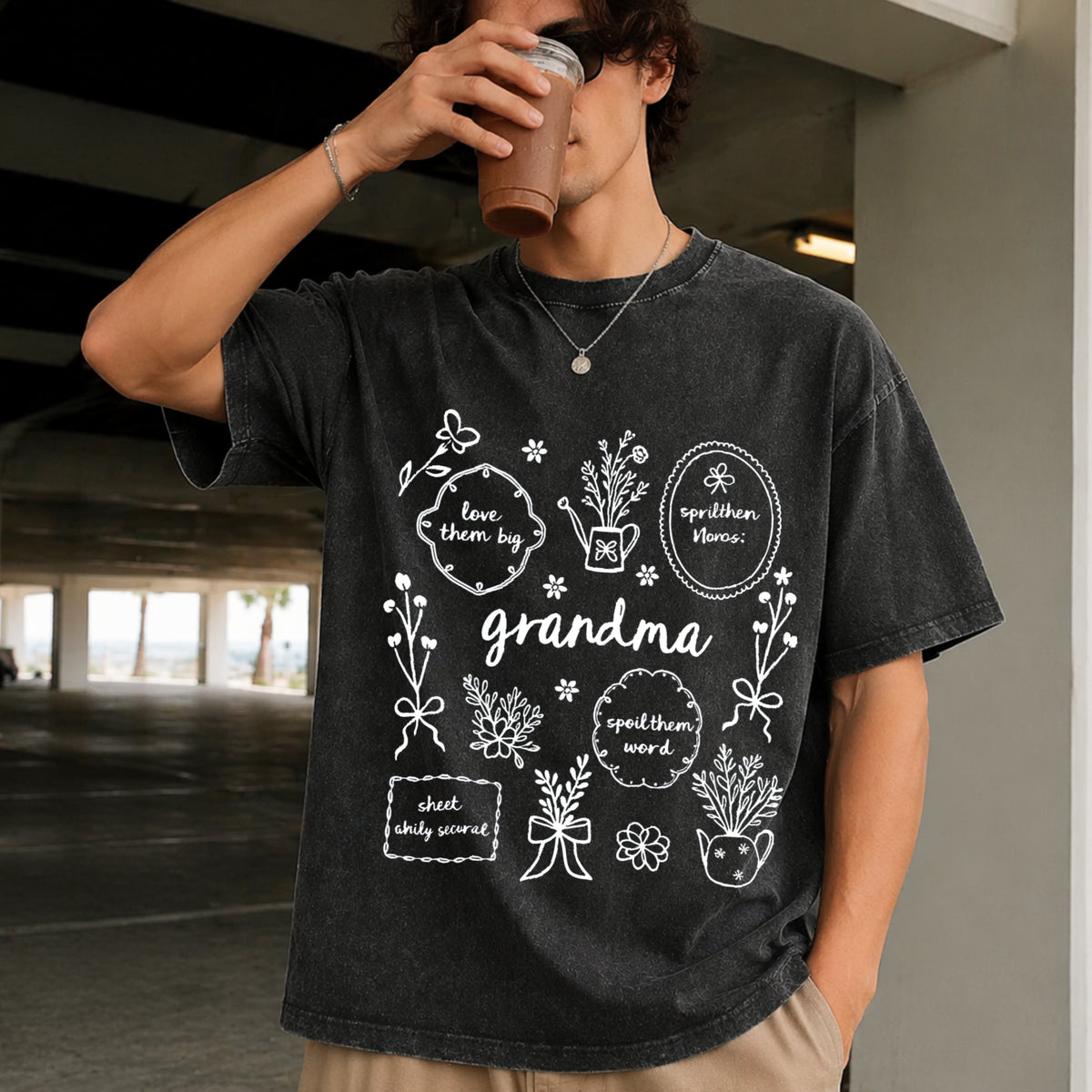 Custom Floral Grandma Vintage Washed T-Shirt in Black