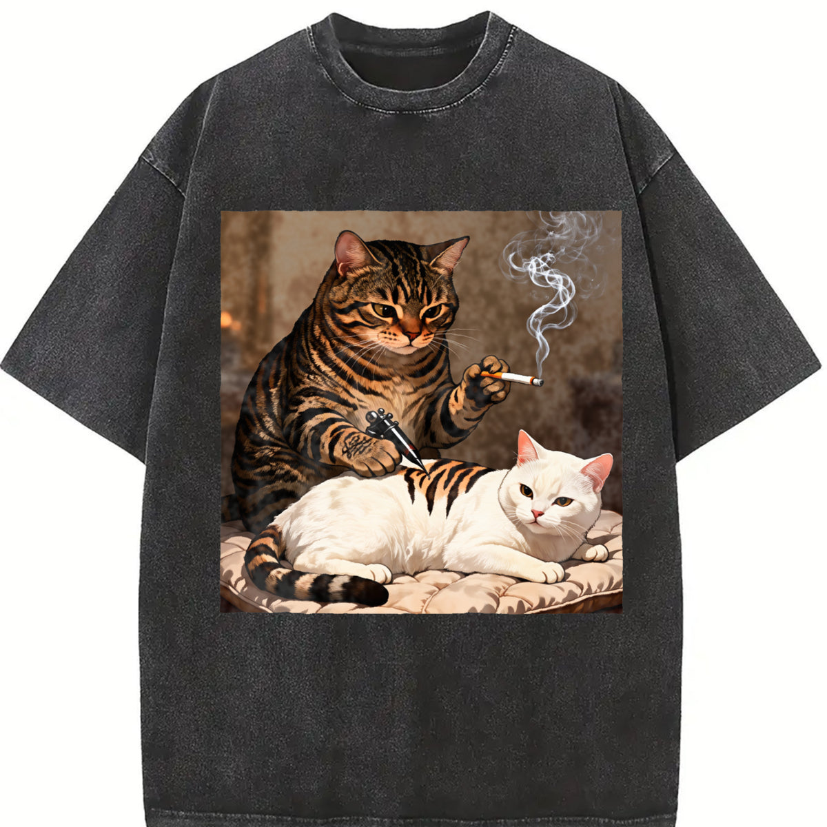 Smoking Cat Tattooing a White Cat Vintage Washed T-Shirt in Black