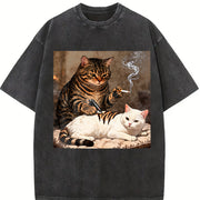 Smoking Cat Tattooing a White Cat Vintage Washed T-Shirt in Black