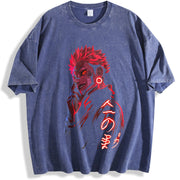 Ryomen Sukuna Jujutsu Kaisen Heavy Neon Red Anime vintage washed oversized T-shirt in Blue
