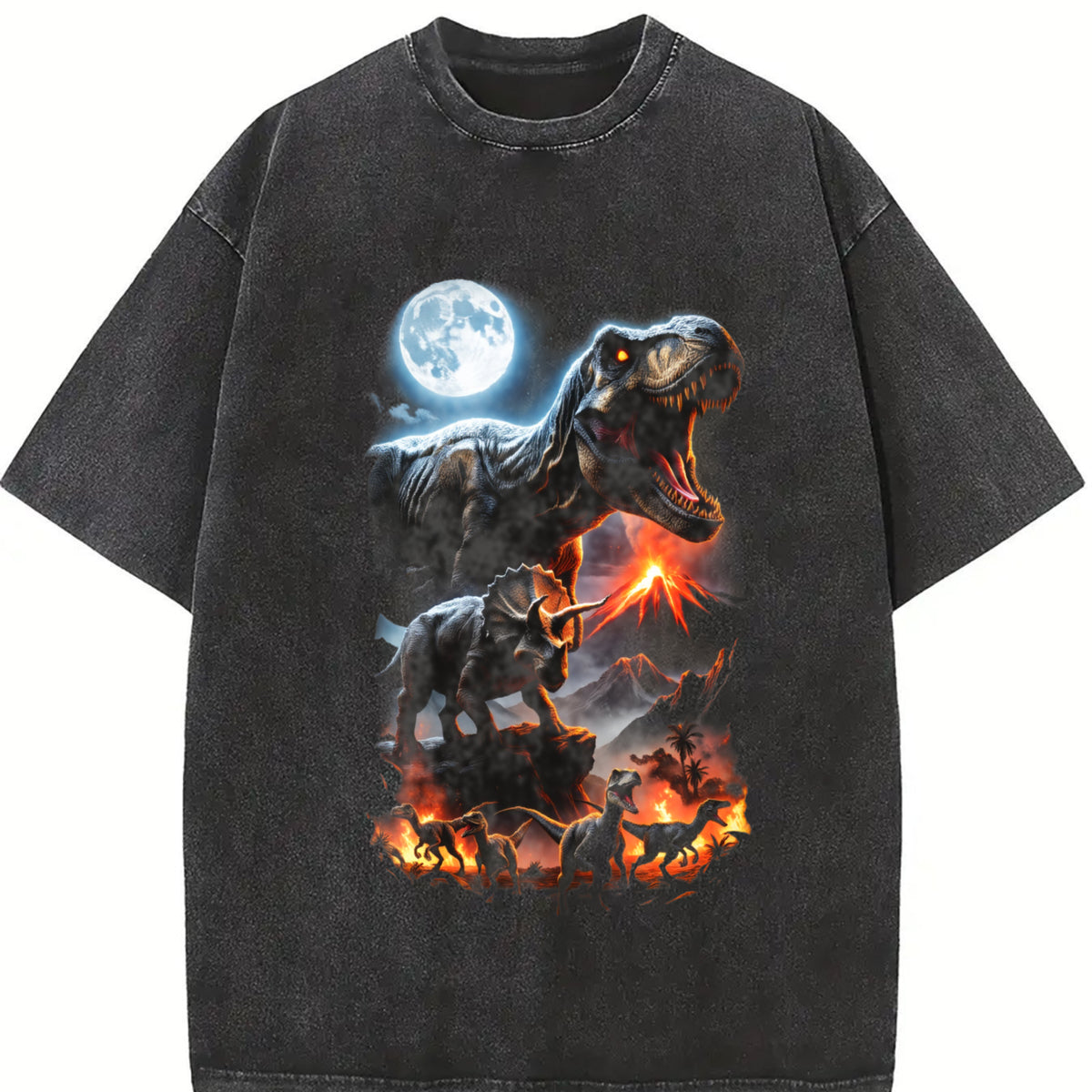 Dinosaur 90s Retro Prehistoric Jurassic Vintage Washed T-Shirt in Black
