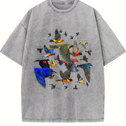 Bird Migration Retro Nature Wildlife Vintage Washed T-Shirt in Gray