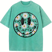 Daisy Floral Happy Face Vintage Washed T-Shirt in Blue