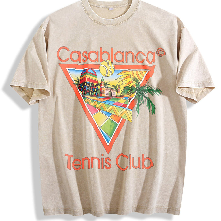 Tennis Club Tropical Art Vintage Washed T-Shirt in Beige