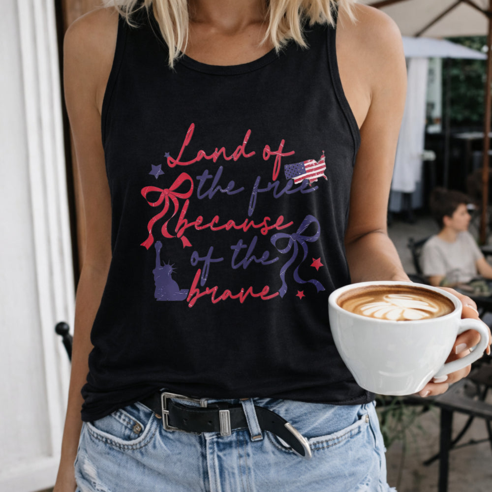 Land of the Free Because of the Brave Women's Color Cotton Tank Top in Black