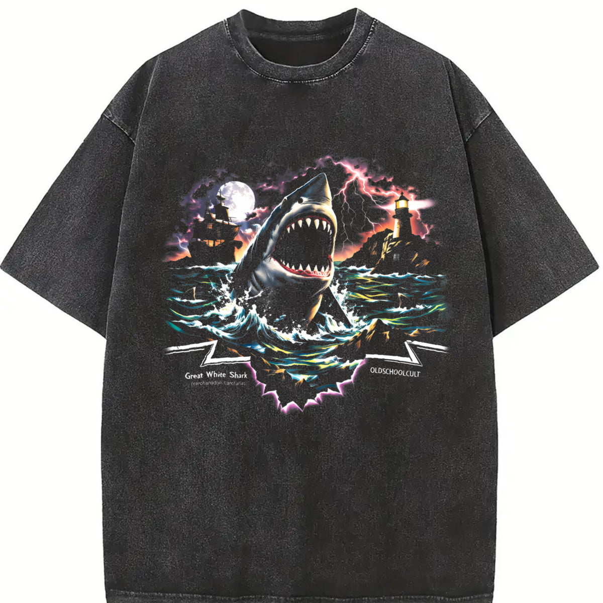 Great White Shark 90s Vintage Washed T-Shirt in Black